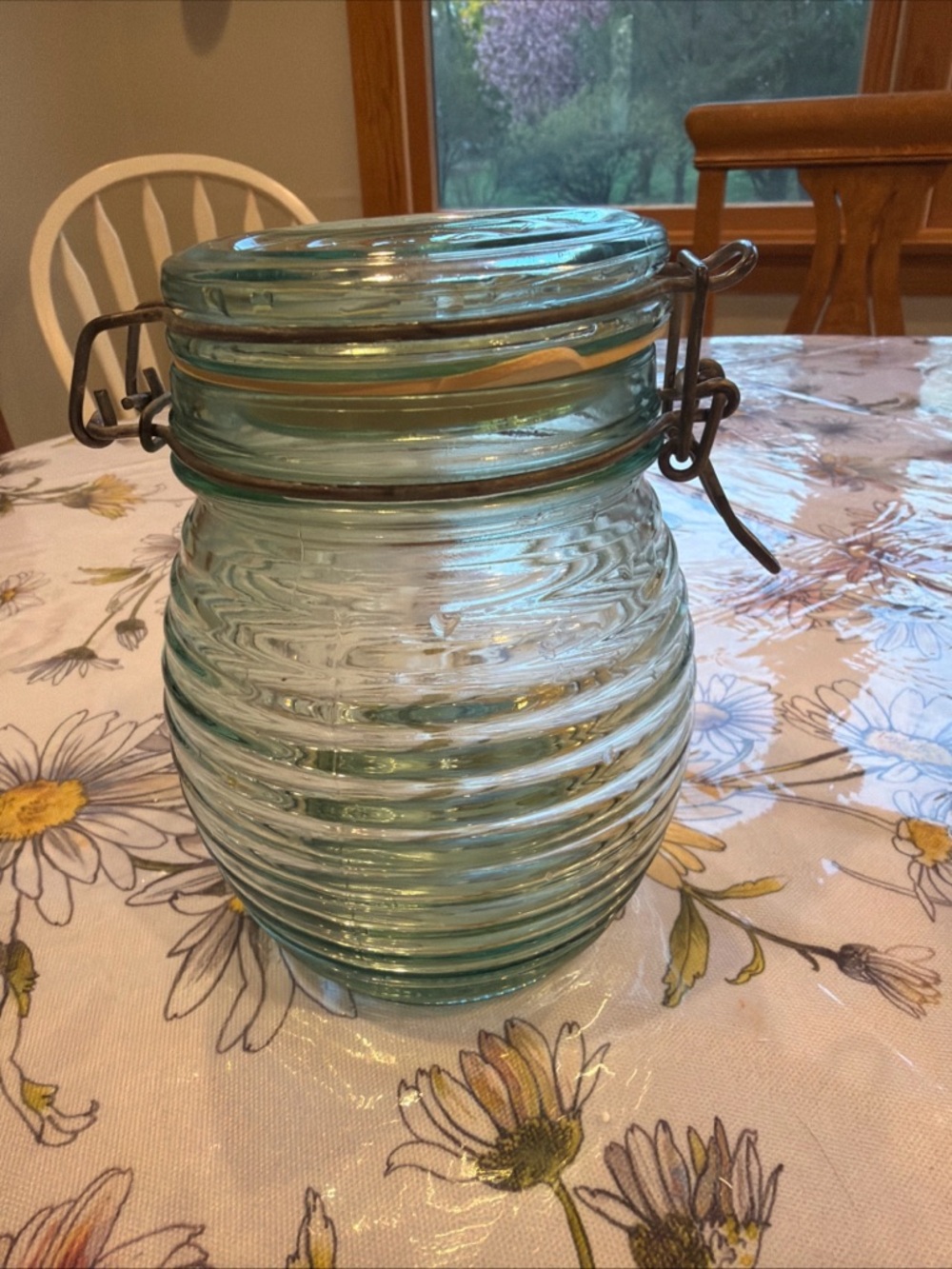 Vintage Beehive Light Aqua Ribbed Glass Storage Jar with Clamp Lid